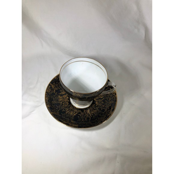 Royal Grafton Bone England Black  Gold Tea Cup & Saucer Set Green Backstamp - Picture 2 of 10